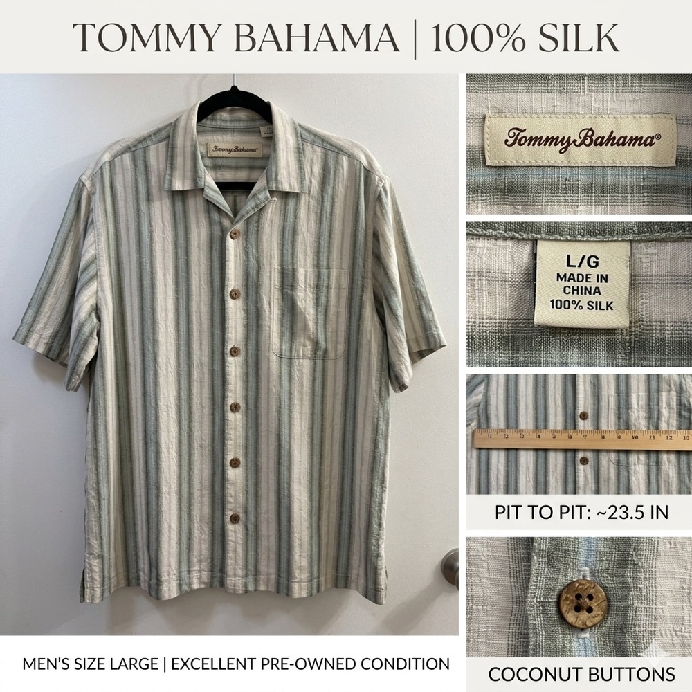 Tommy Bahama Shirt Mens Large L 100% Silk Short Sleeve Striped Gray Blue Casual